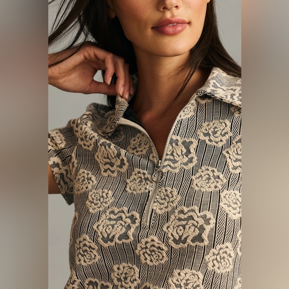 Maeve Sweater Floral Jacquard Zip-Up Polo Sweater Short Sleeve Medium - Picture 12 of 12